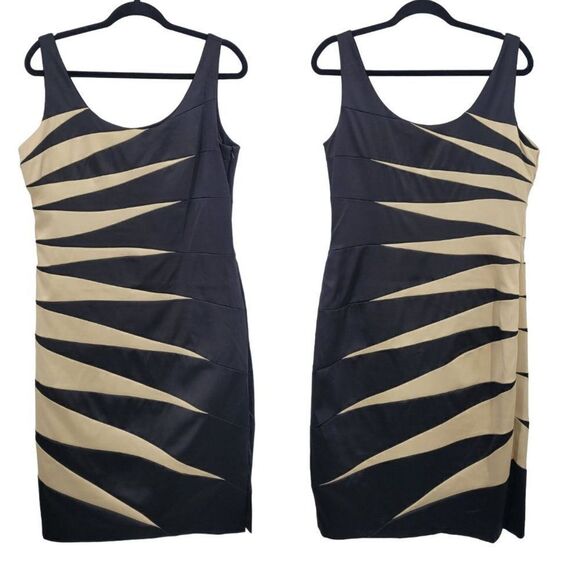 Vintage Signature Satin Bodycon Midi Dress 14 Black Gold Starburst Statement - Picture 1 of 11